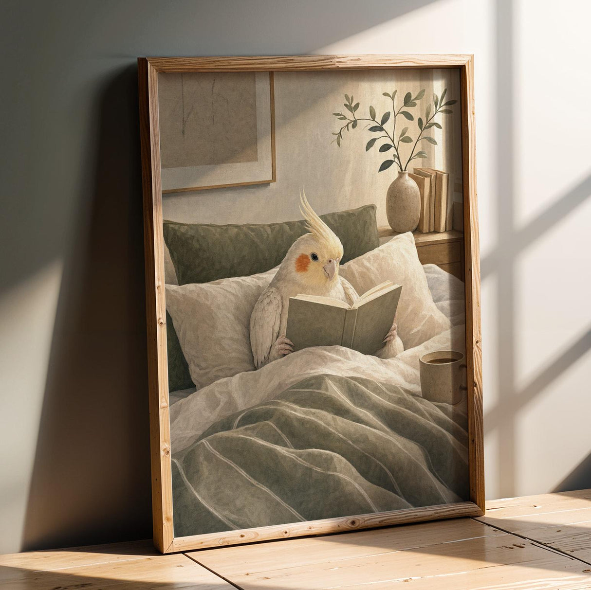 Product presentation view of Pearl Cockatiel Reading in Bed Poster.