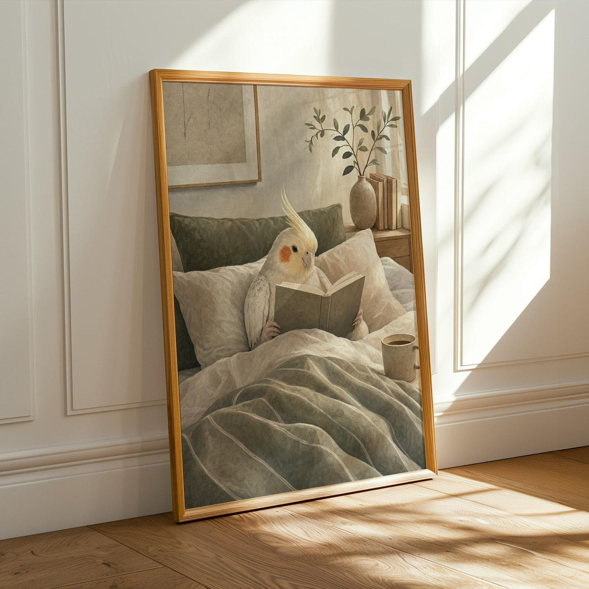 Alternate product presentation of Pearl Cockatiel Reading in Bed Poster.