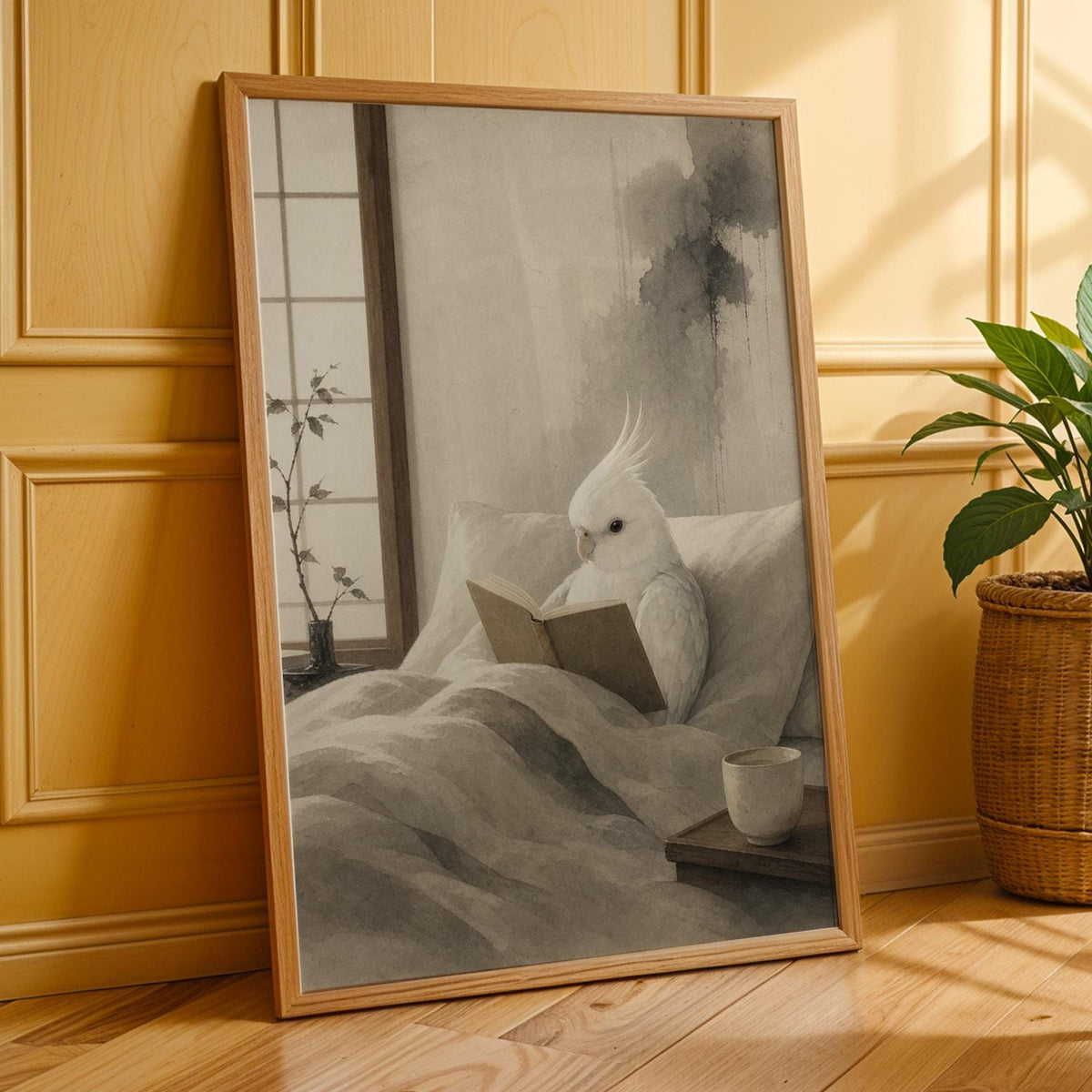 Additional product presentation of the cockatiel reading poster.
