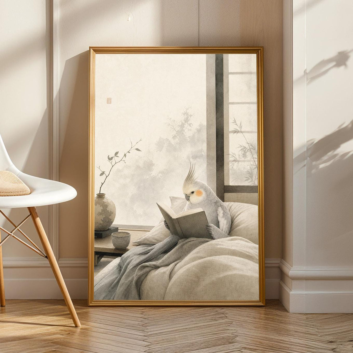 Light Silver Cockatiel Reading in Bed Poster shown in a room setting.