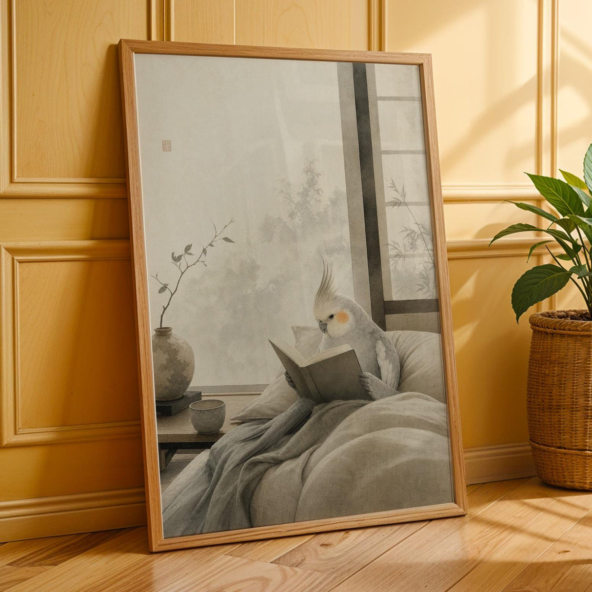 Additional product presentation of Light Silver Cockatiel Reading in Bed Poster.