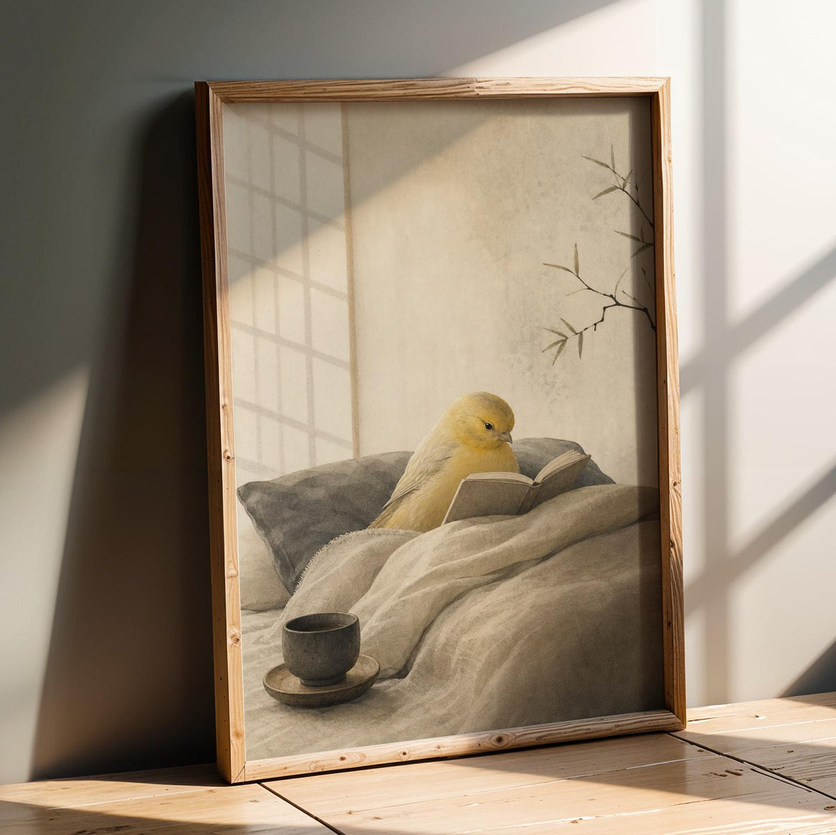 Product presentation view of Roller Canary Reading in Bed Poster.