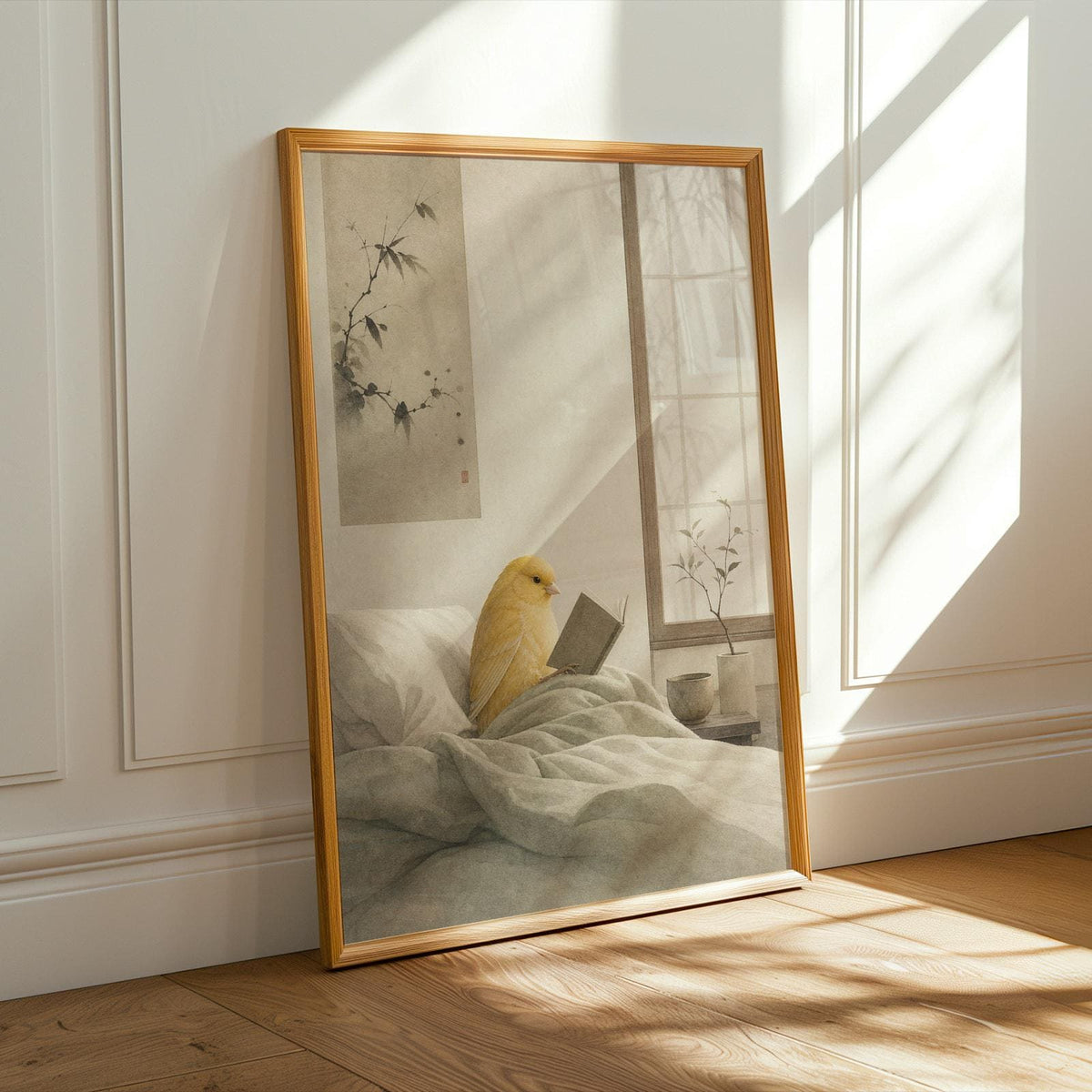 Alternate product presentation of American Singer Canary Reading in Bed Poster.