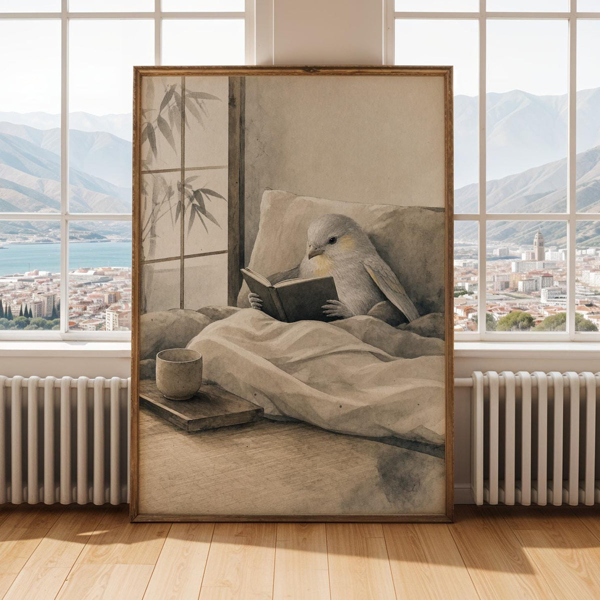 Alternate gallery view of Silver Lizard Canary Reading in Bed Poster.