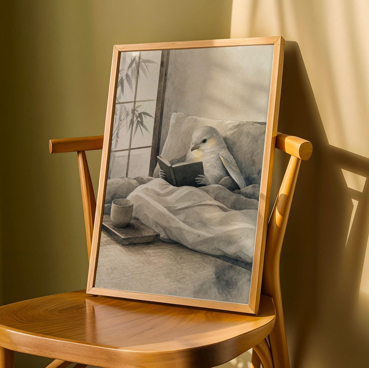 Product detail view of Silver Lizard Canary Reading in Bed Poster.