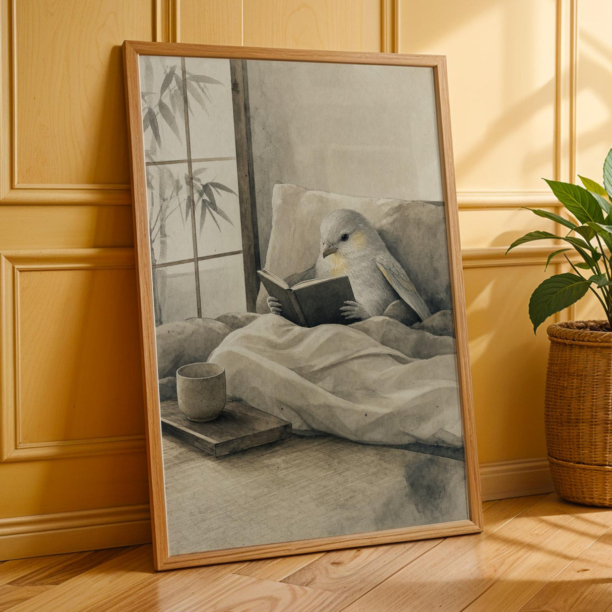 Additional product presentation of Silver Lizard Canary Reading in Bed Poster.