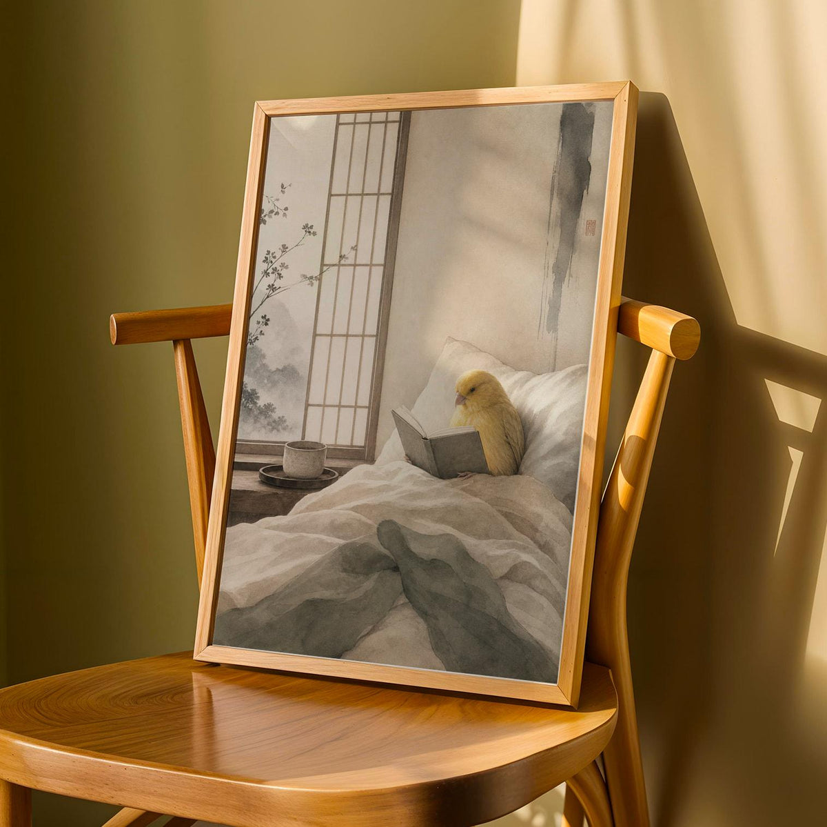 Product detail view of Waterslager Canary Reading in Bed Poster.