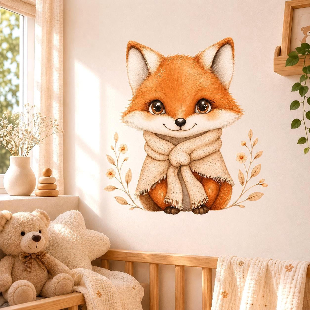 Watercolor-style wall vinyl decal of a cute orange fox with big eyes wearing a cozy scarf.