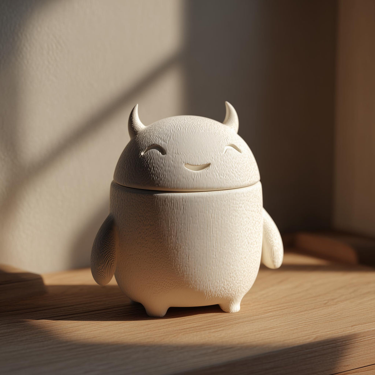3D printed sleepy monster memorial urn with removable lid displayed on a wooden shelf in warm natural lighting.