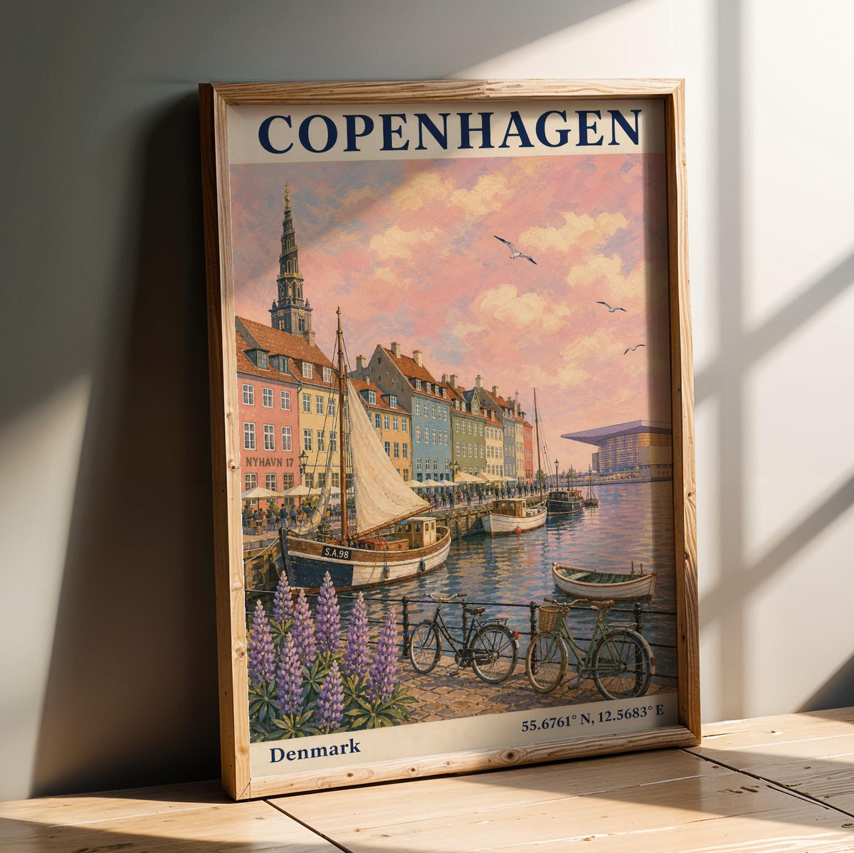 Product presentation view of Copenhagen Harbor Travel Poster.