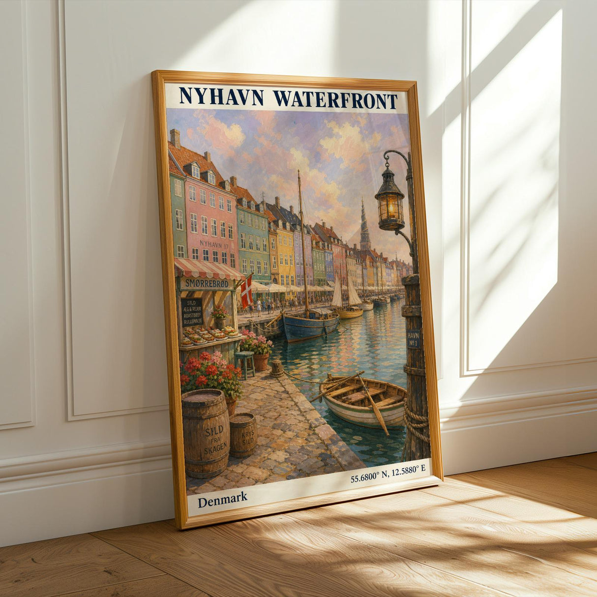 Product presentation view of Nyhavn Copenhagen Travel Poster.