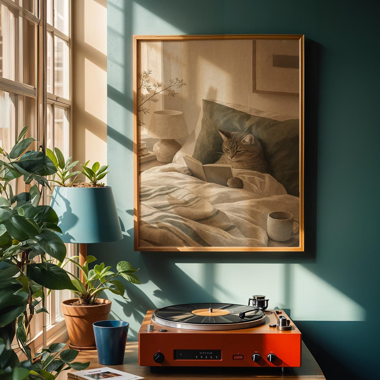 Alternate product view of Scandinavian Cat Reading in Bed Poster.