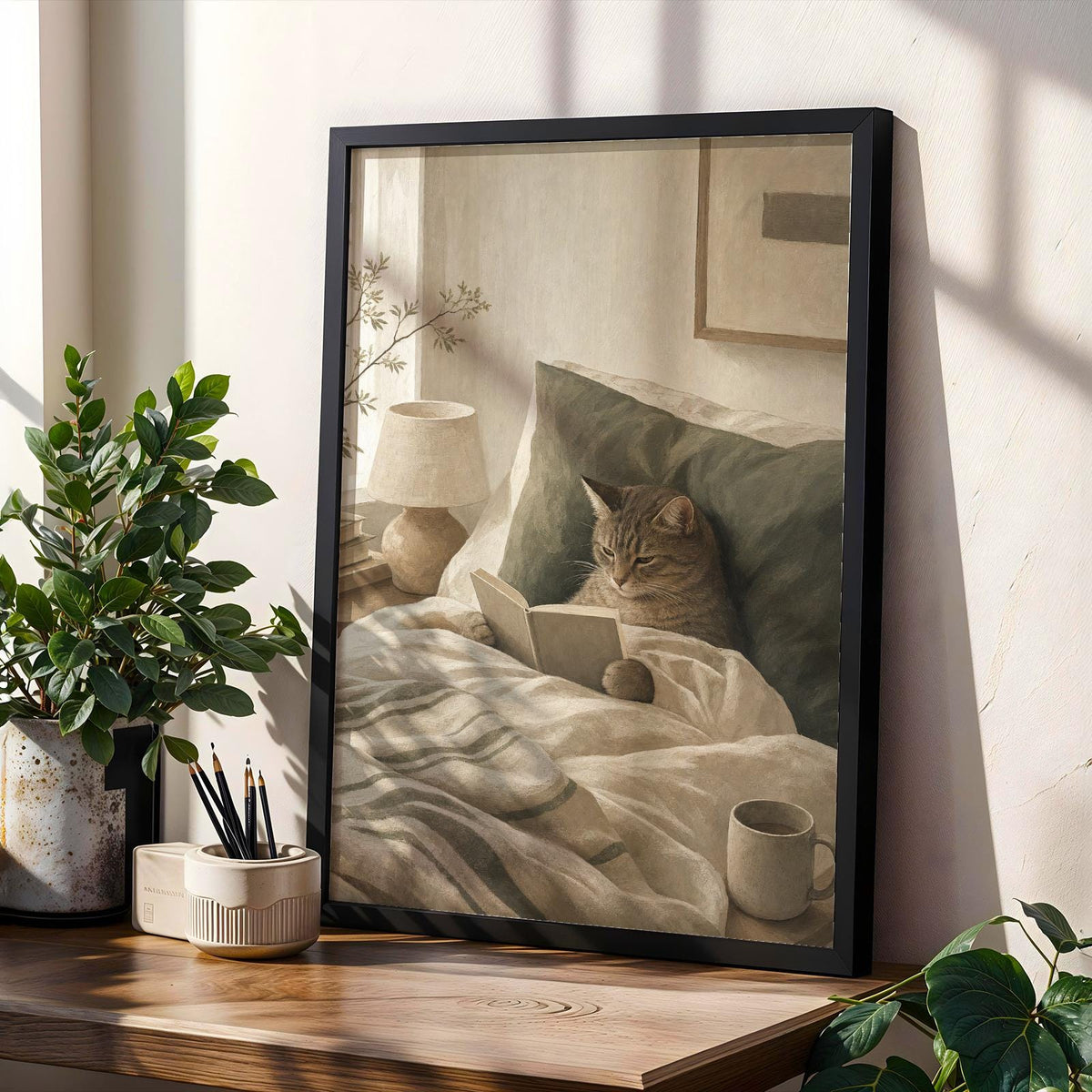 Product gallery view of Scandinavian Cat Reading in Bed Poster.