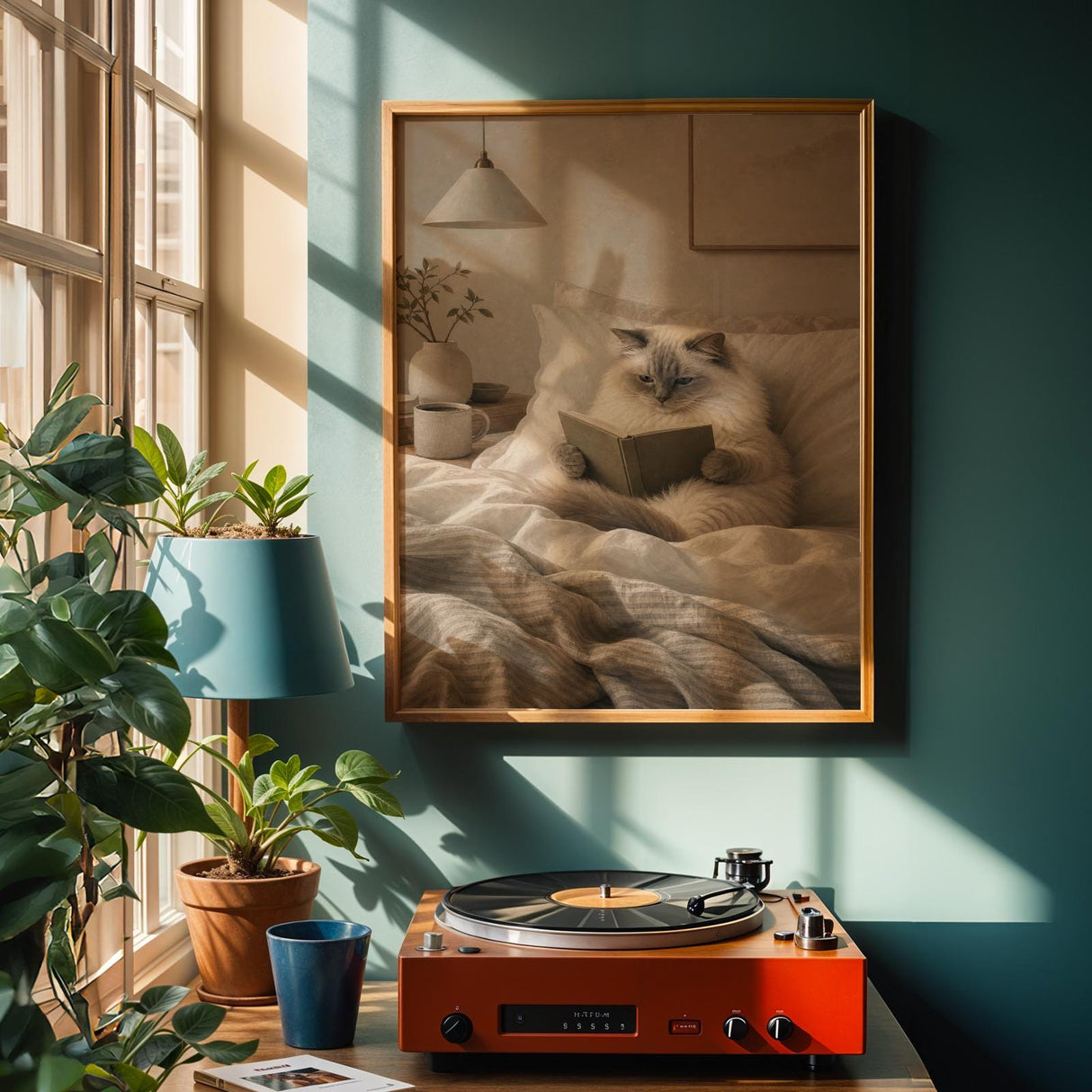 Alternate product view of Ragdoll Cat Reading in Bed Poster.
