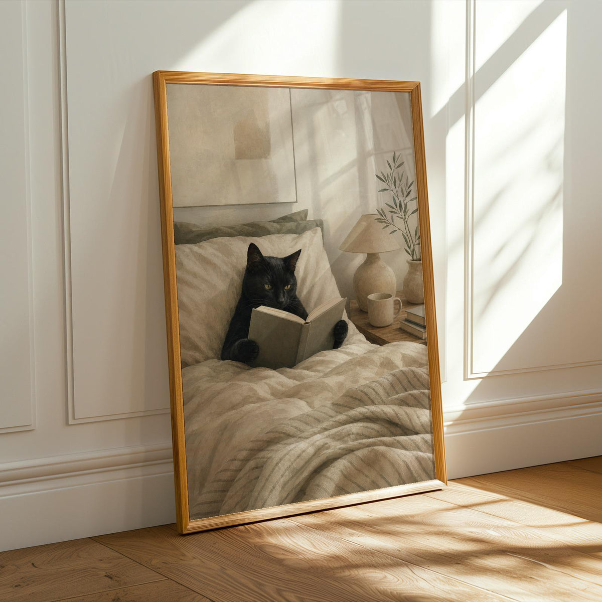 Alternate product presentation of Black Cat Reading in Bed Poster.