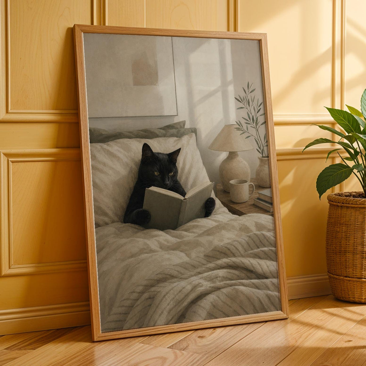 Additional product presentation of Black Cat Reading in Bed Poster.