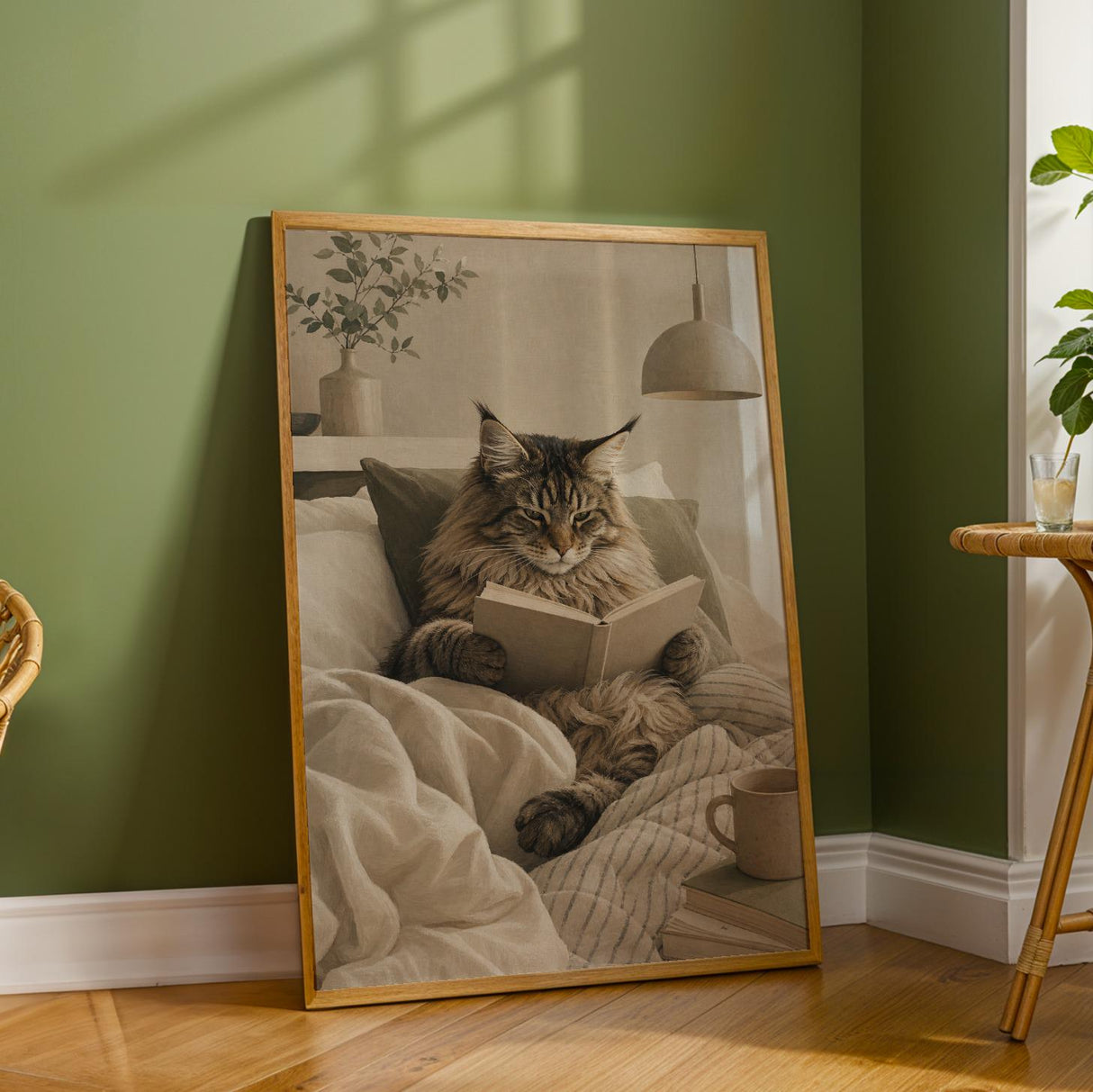 Additional product detail of Maine Coon Cat Reading in Bed Poster.