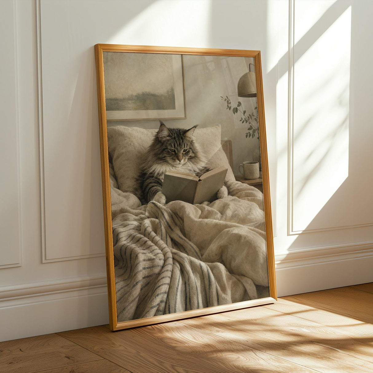 Alternate product presentation of Norwegian Forest Cat Reading in Bed Poster.
