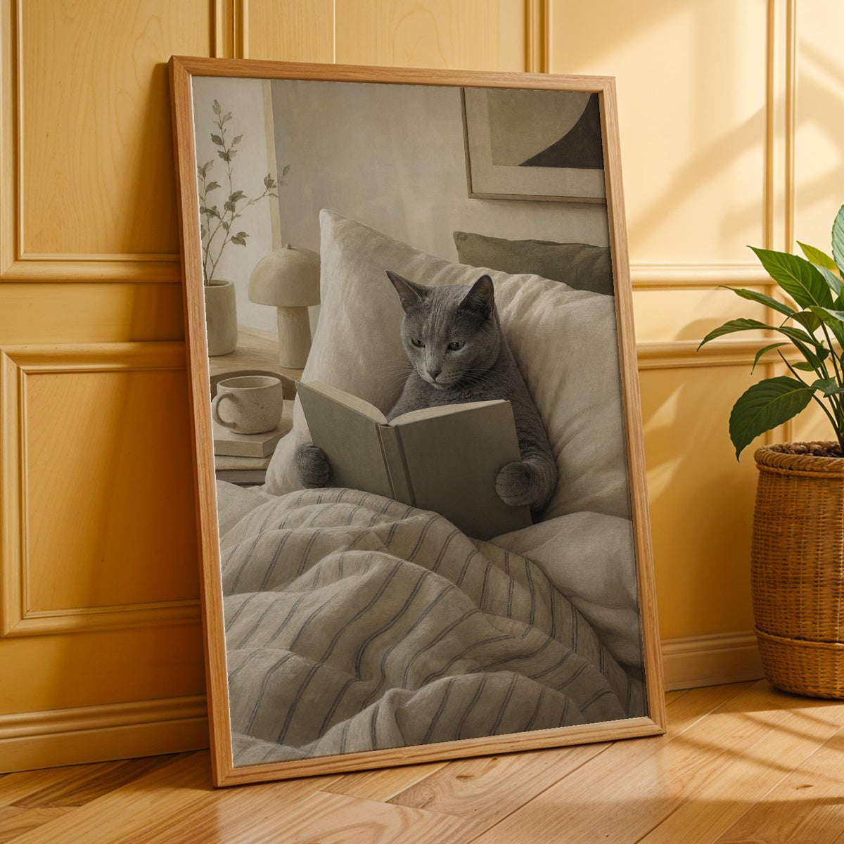 Additional product presentation of Russian Blue Cat Reading in Bed Poster.
