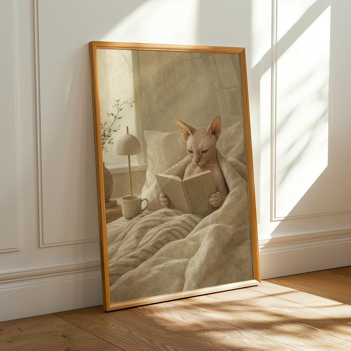 Product presentation view of Sphynx Cat Reading in Bed Poster.
