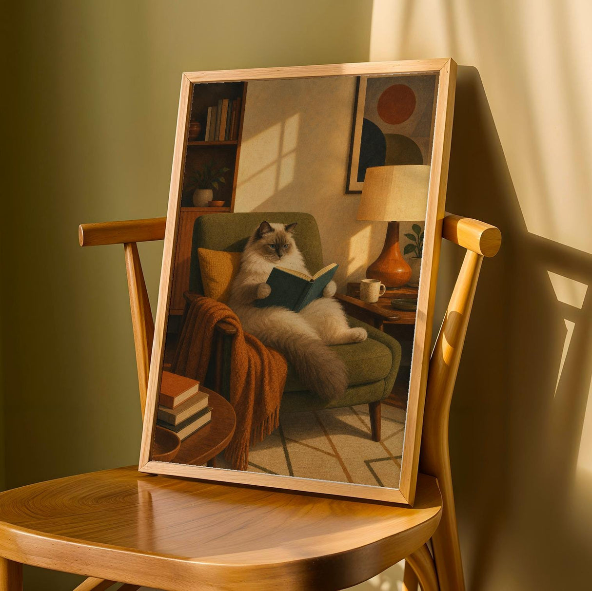 Product detail view of Ragdoll Cat Reading in Armchair Poster.