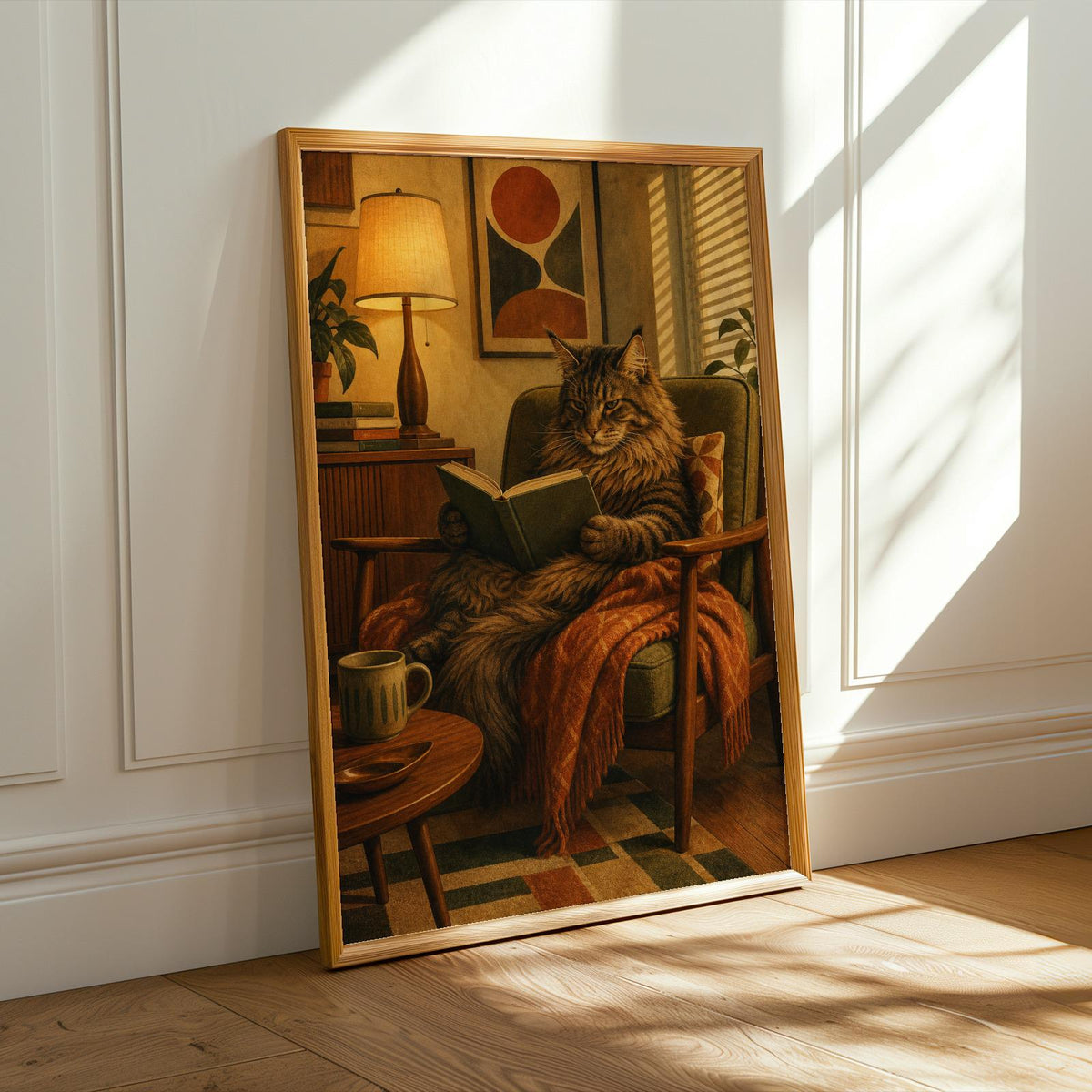 Alternate product presentation of Maine Coon Reading in Armchair Poster.