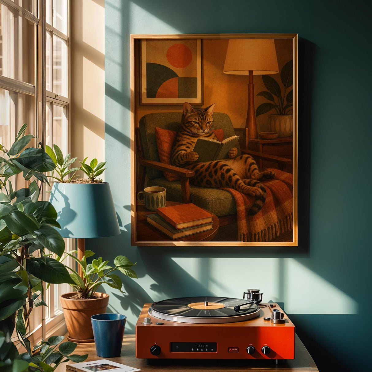Alternate product view of Bengal Cat Reading in Armchair Poster.