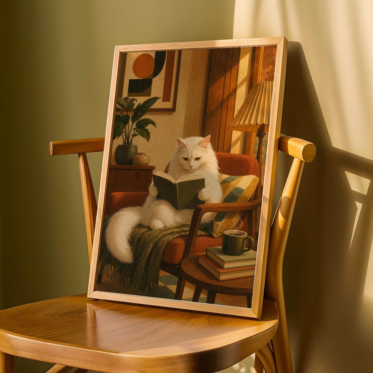 Product detail view of Turkish Angora Cat Reading in Armchair Poster.