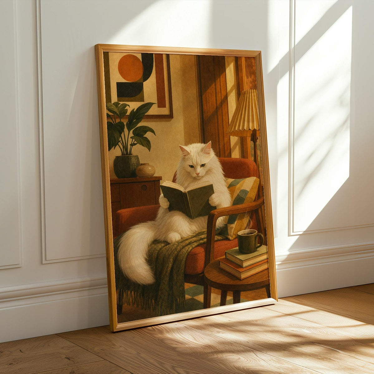 Alternate product presentation of Turkish Angora Cat Reading in Armchair Poster.