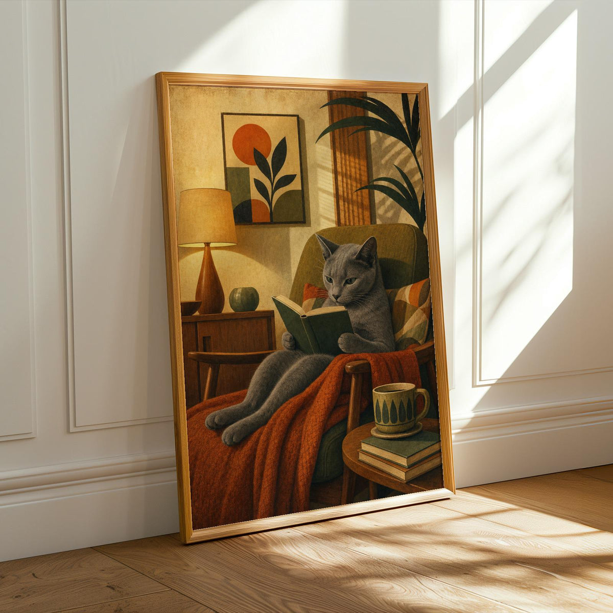 Alternate product presentation of Russian Blue Cat Reading Book Poster.