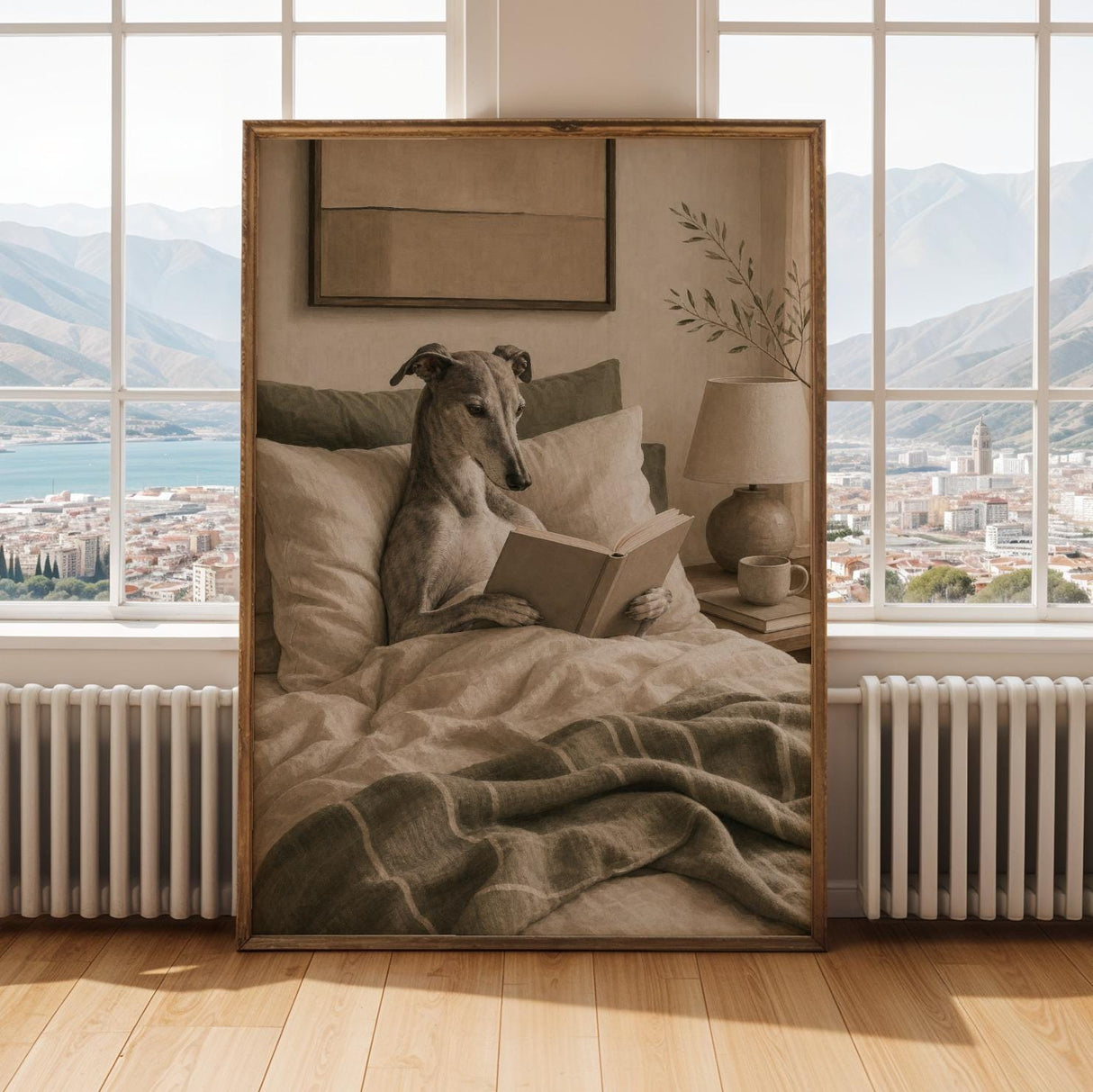 Product gallery view of Greyhound Dog Reading In Bed Art Print Poster.
