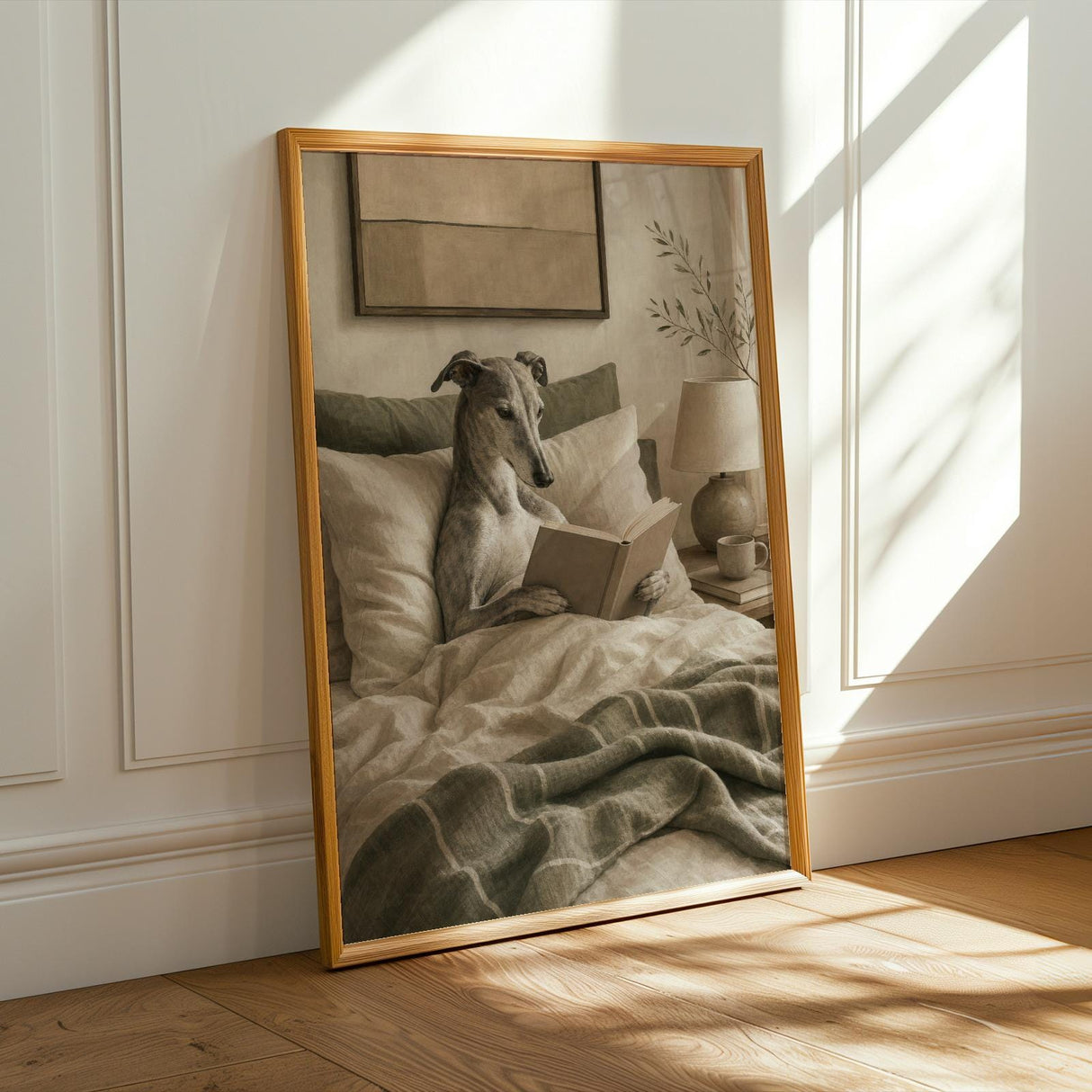 Product presentation view of Greyhound Dog Reading In Bed Art Print Poster.