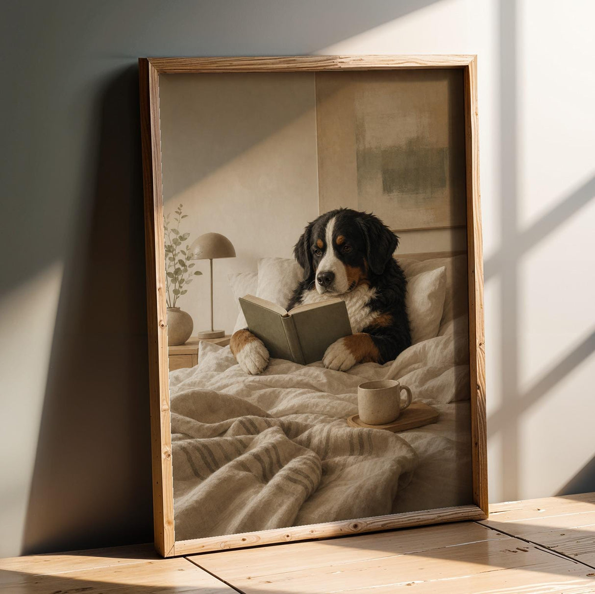 Product presentation view of Bernese Mountain Dog Reading in Bed Poster.