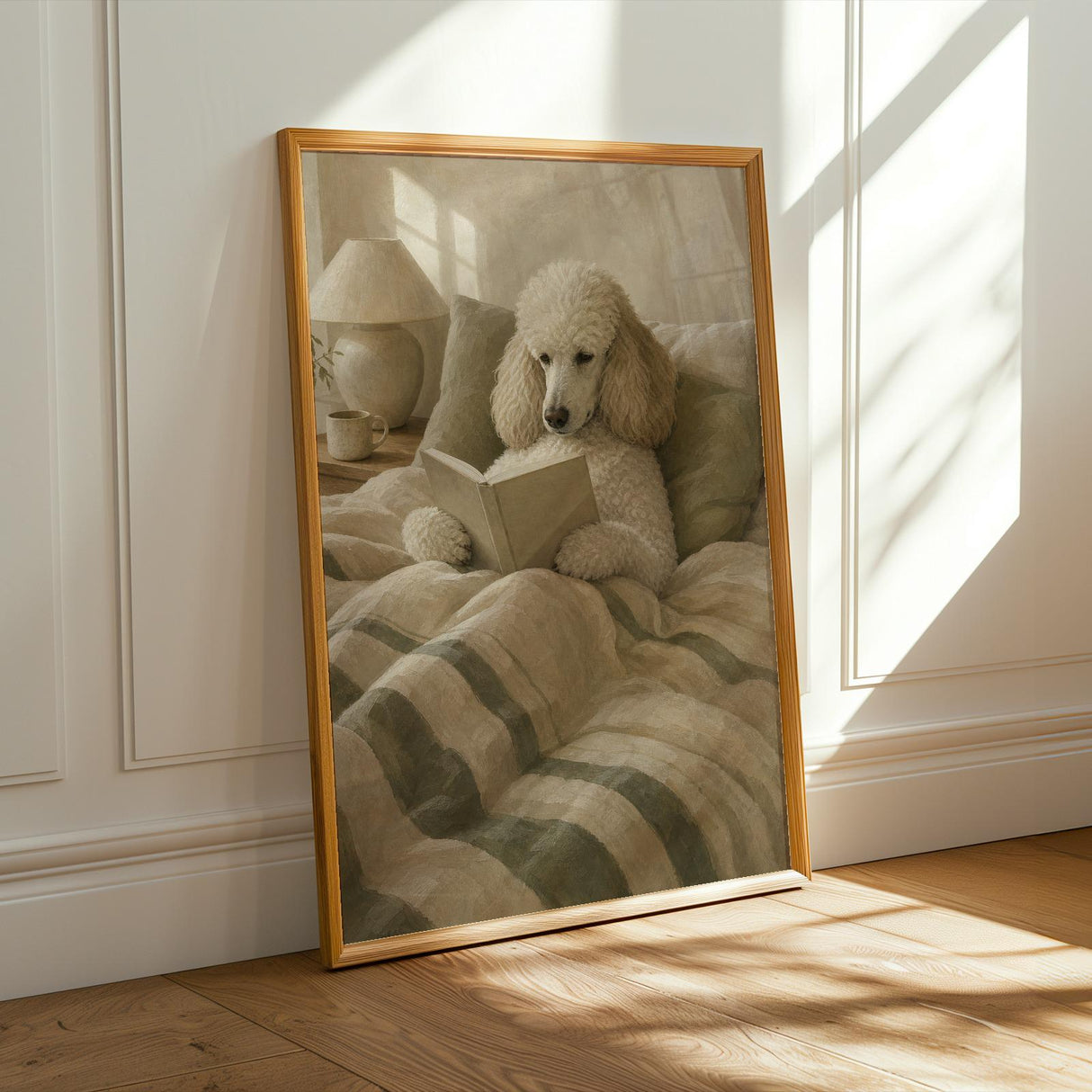Product presentation view of Nordic Standard Poodle Reading Book Art Print Poster.