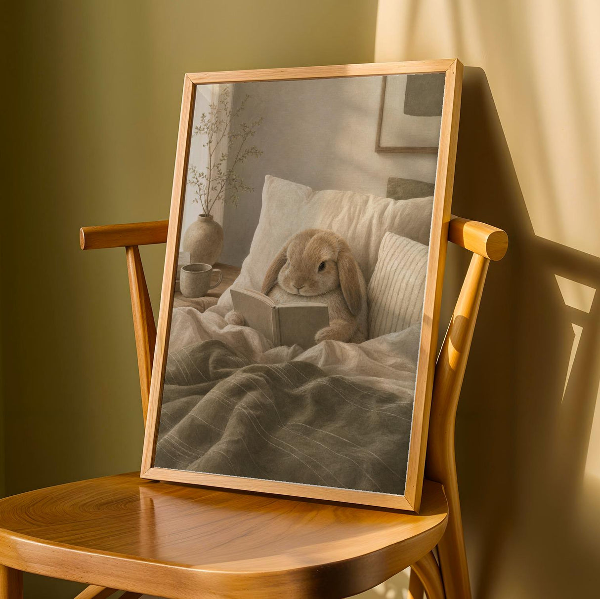 Product detail view of Mini Lop Rabbit Reading in Bed Poster.