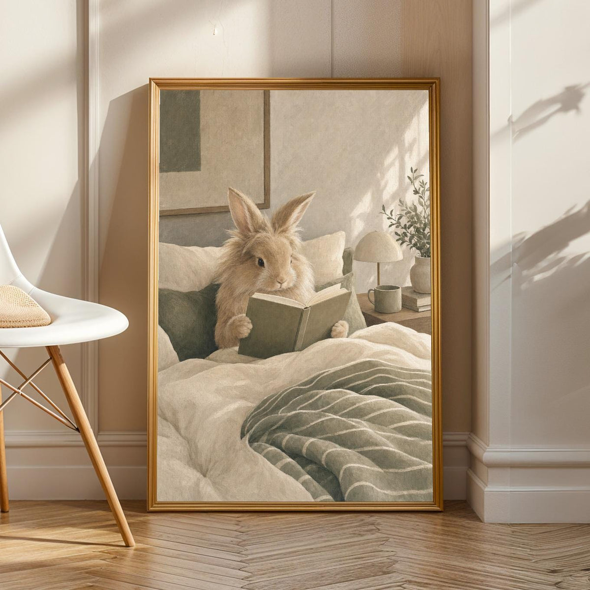 Product view of Lionhead Rabbit Reading in Bed Poster.