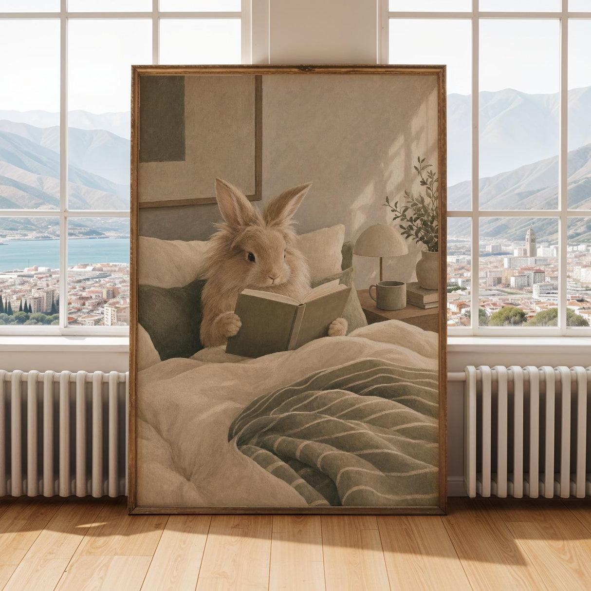 Alternate gallery view of Lionhead Rabbit Reading in Bed Poster.