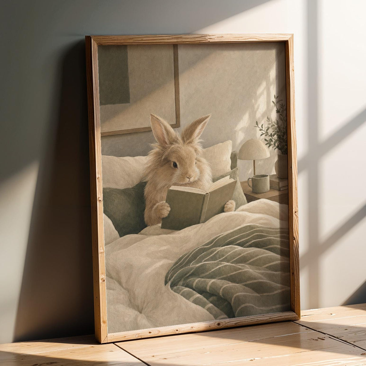 Product presentation view of Lionhead Rabbit Reading in Bed Poster.