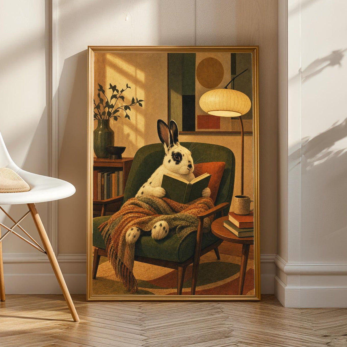 Product view of English Spot Rabbit Reading in Armchair Poster.
