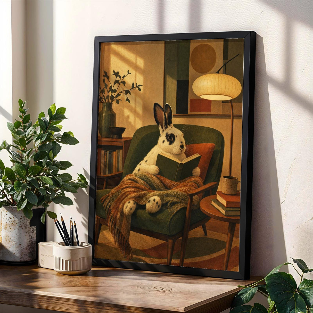 Product gallery view of English Spot Rabbit Reading in Armchair Poster.