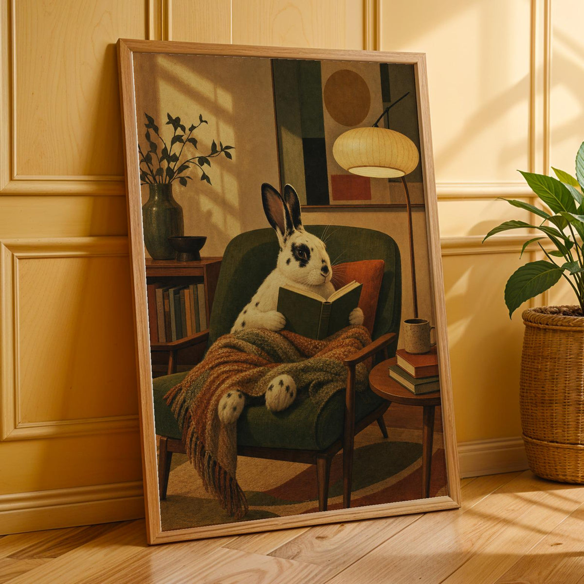 Additional product presentation of English Spot Rabbit Reading in Armchair Poster.