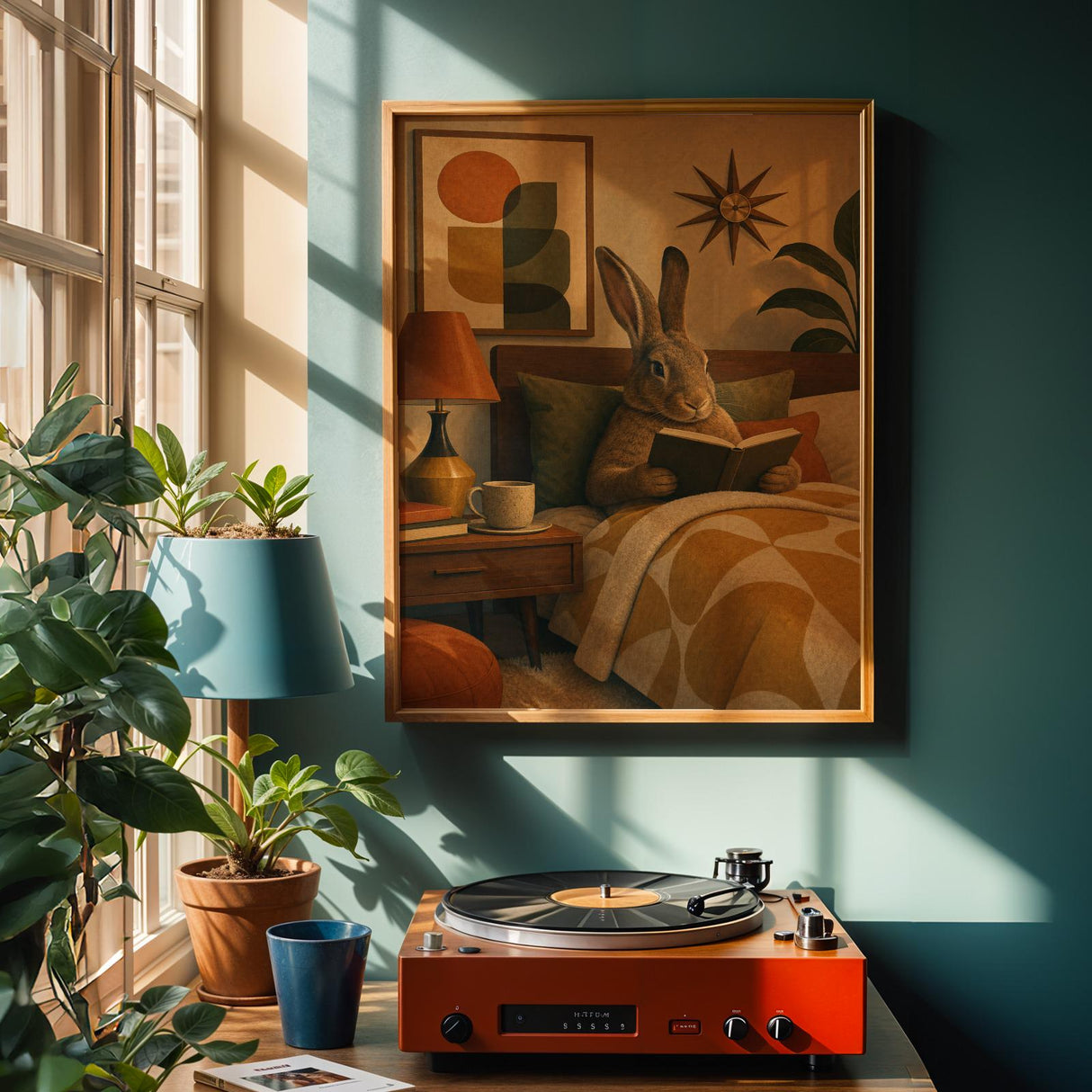 Alternate product view of Flemish Giant Rabbit Reading in Bed Poster.