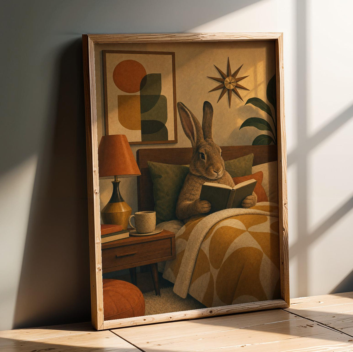 Product presentation view of Flemish Giant Rabbit Reading in Bed Poster.