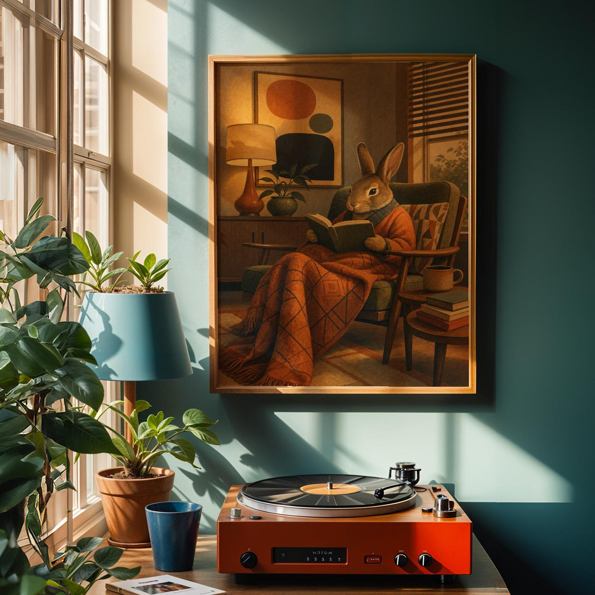 Product view of Rex Rabbit Reading in Bed Poster.