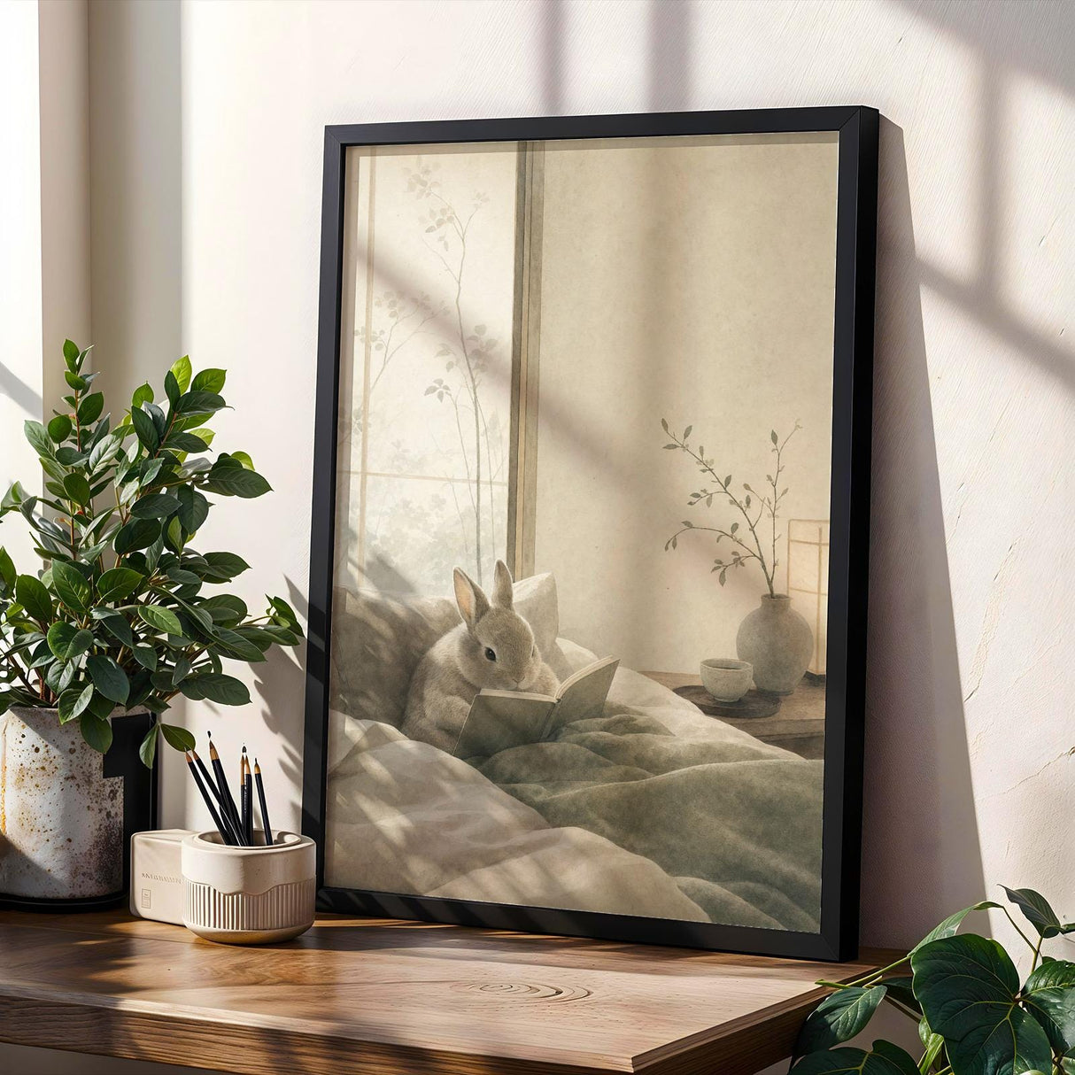 Product gallery view of Netherland Dwarf Rabbit Reading in Bed Poster.
