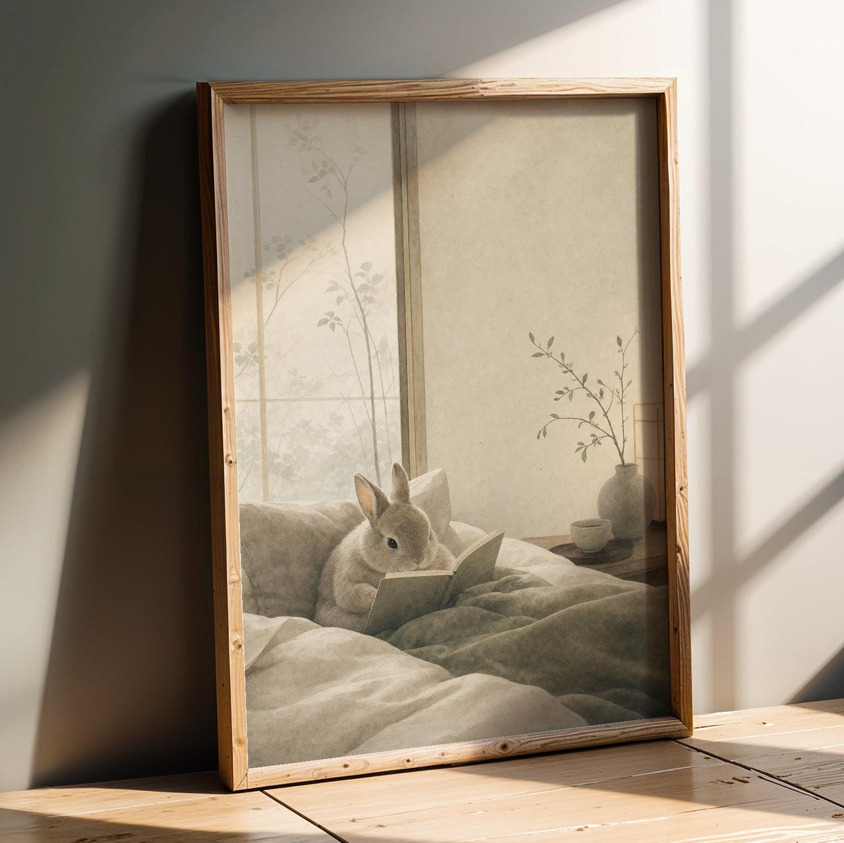 Product presentation view of Netherland Dwarf Rabbit Reading in Bed Poster.