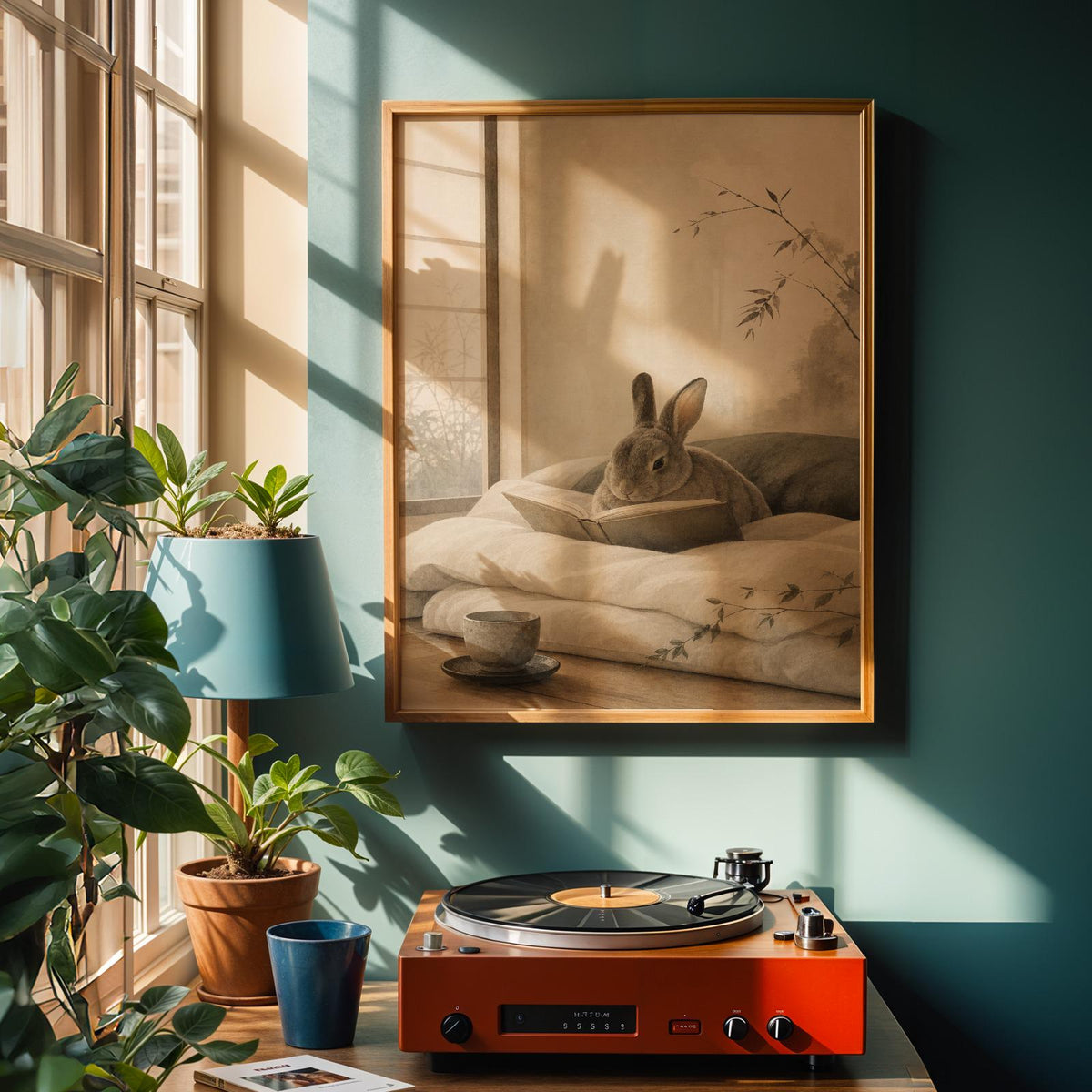 Alternate product view of Mini Rex Rabbit Reading in Bed Poster.