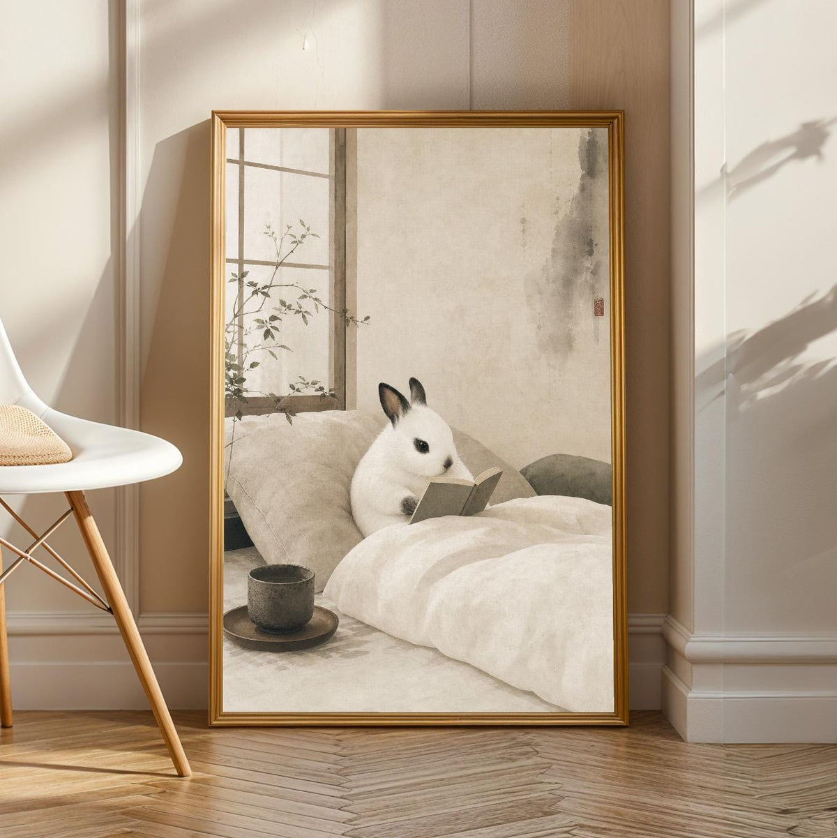 Product view of Dwarf Hotot Rabbit Reading in Bed Poster.