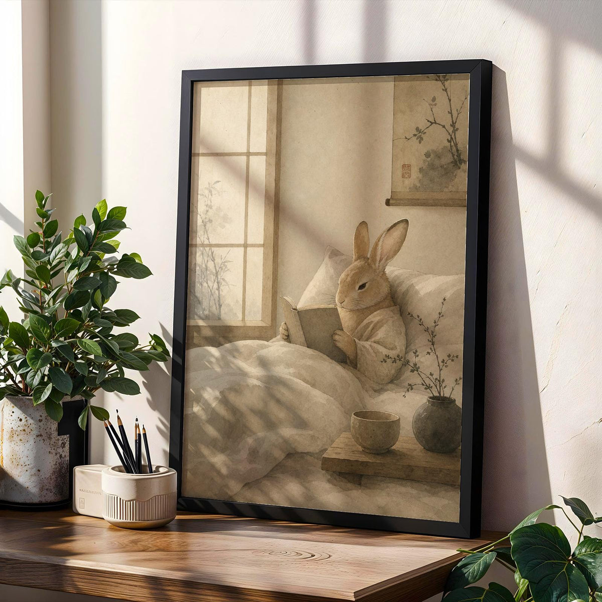 Product gallery view of Tan Rabbit Reading in Bed Poster.