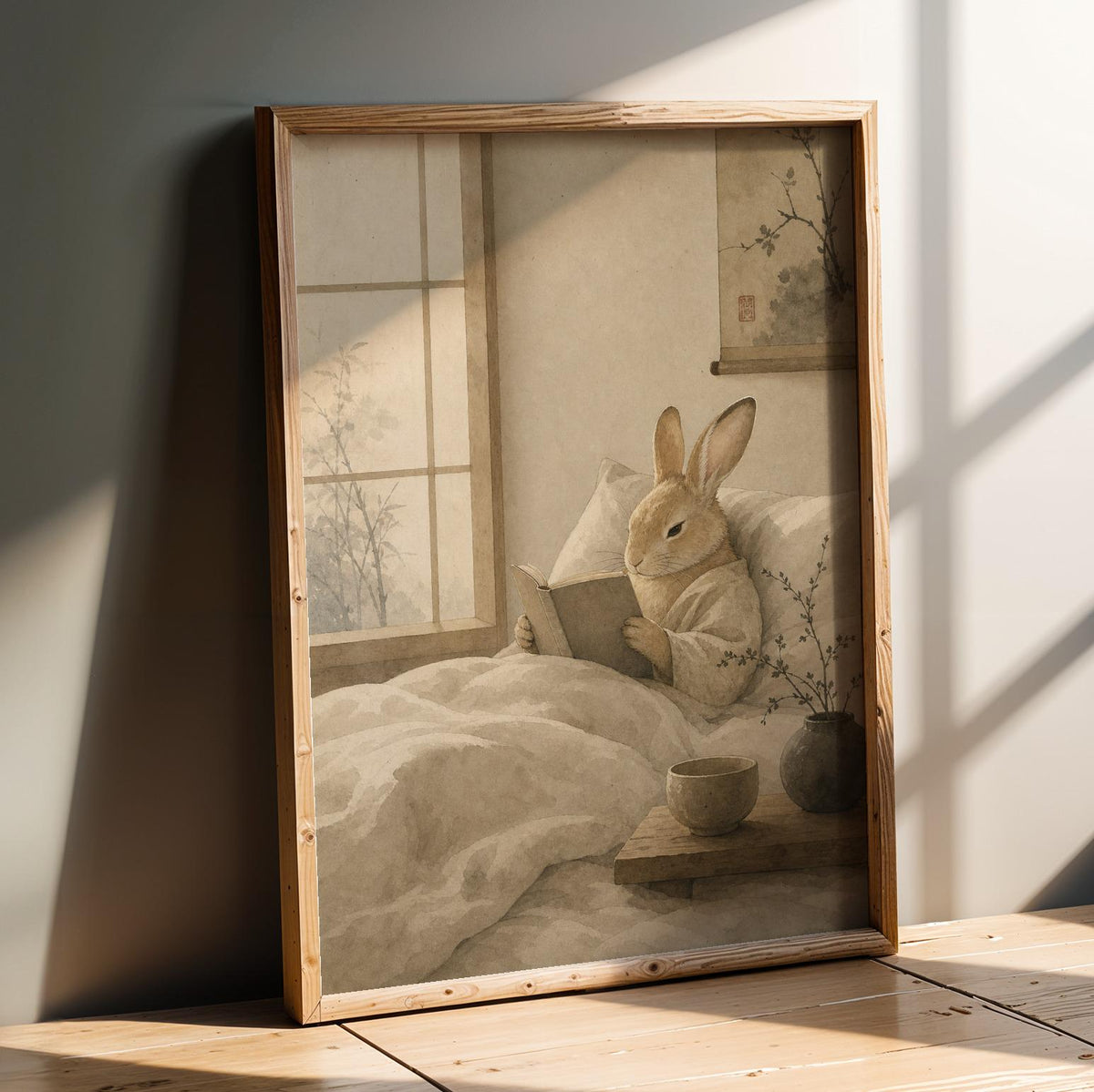 Product presentation view of Tan Rabbit Reading in Bed Poster.